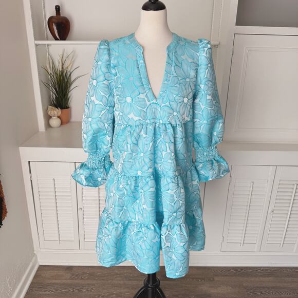 Tuckernuck Pomander Place Blue Daisy Jacquard Kenzo Dress Size M - Picture 2 of 8